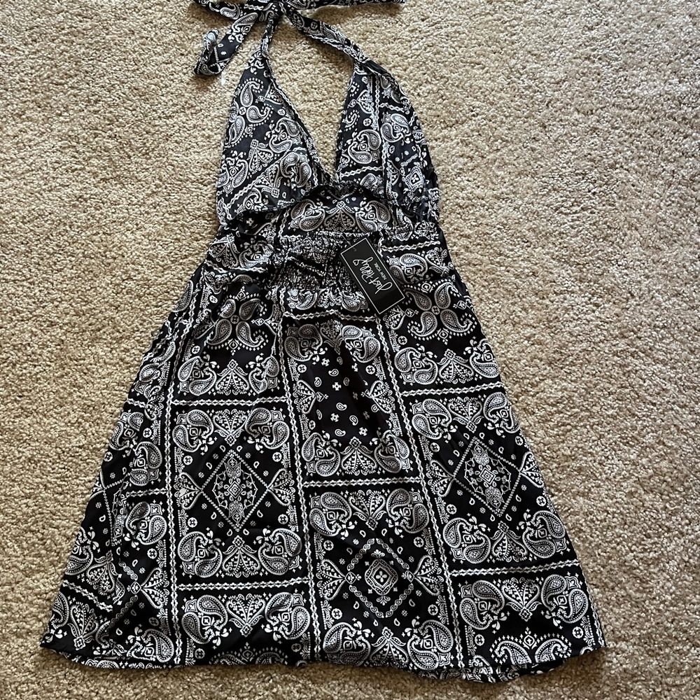 Black and white patterned halter dress